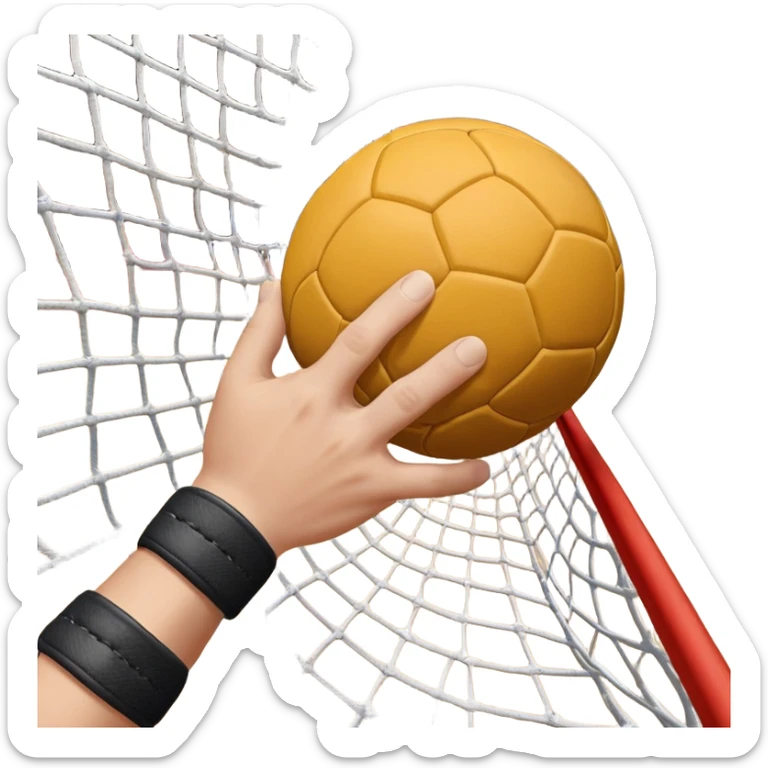 A close-up of a hand gripping a handball, with the handball gates visible in the background. The focus is on the texture of the ball and the strength of the grip, with the goal net slightly blurred to emphasize the anticipation of the throw. sticker
