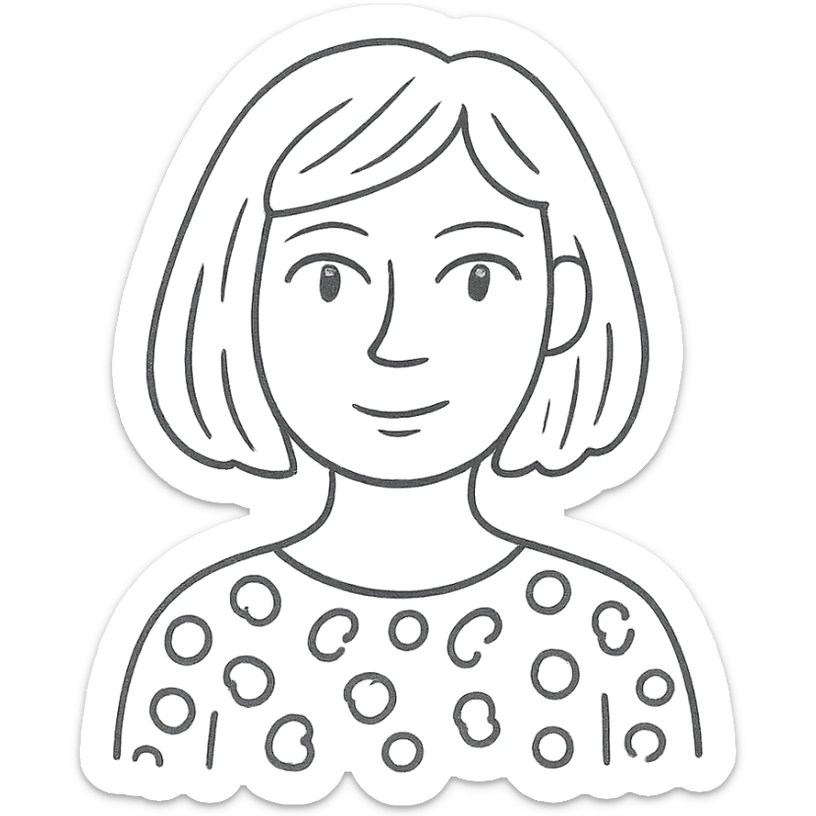 A blonde woman with green eyes and a bob haircut, wearing a green leopard print blouse sticker