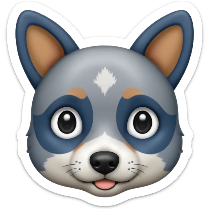 black, grey, and white blue heeler dog, emoji style, round face, big eyes, friendly expression, simple details sticker