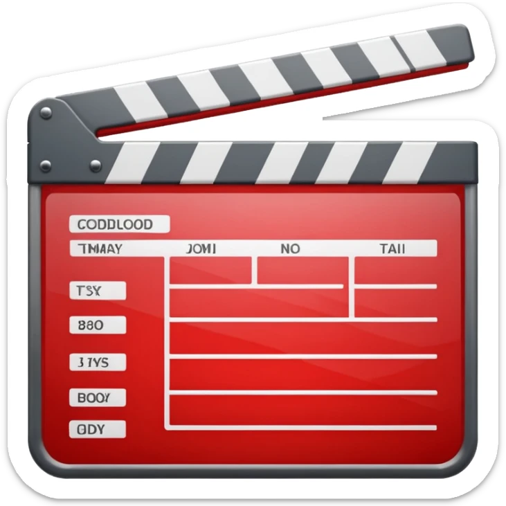 Glossy bright red clapperboard in the classic style of Apple icons: the top bar is tilted up-left, the body and bar with a deep glossy glare, dark gray edging, black background inside, perfectly square with rounded corners. sticker