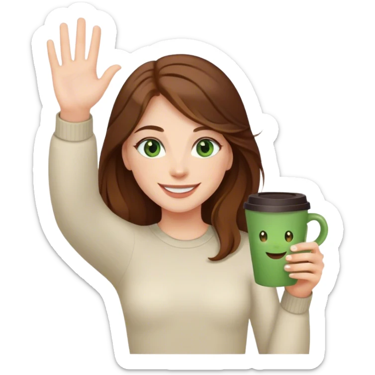 Long, Brown haired girl with green eyes, smiling, waving with one hand, coffee cup in the other sticker