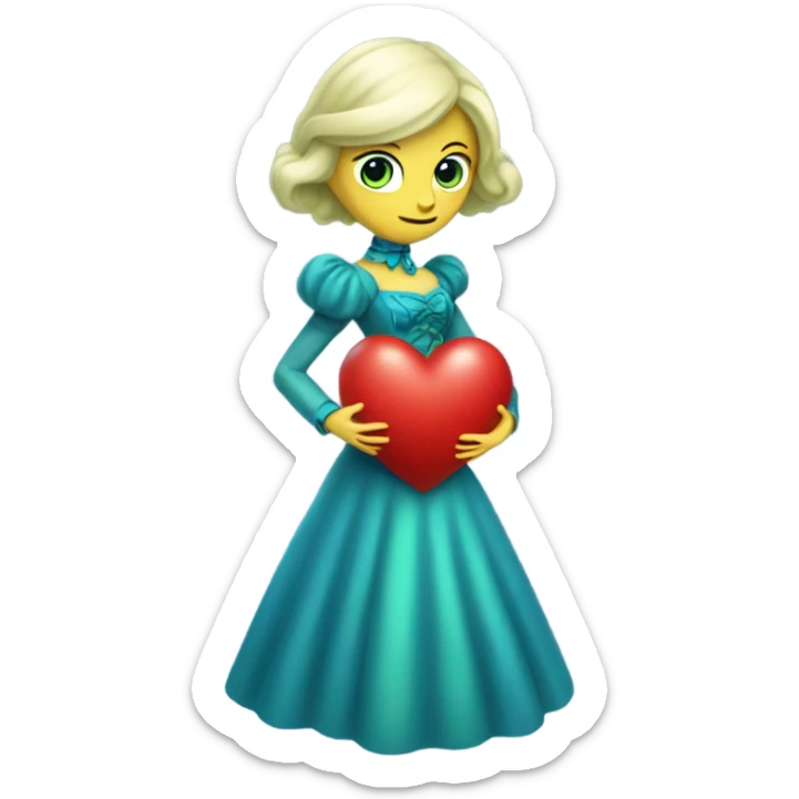 "galora green blonde alien woman" in blue Victorian dress elegant, full body, holdig red big hearth sticker