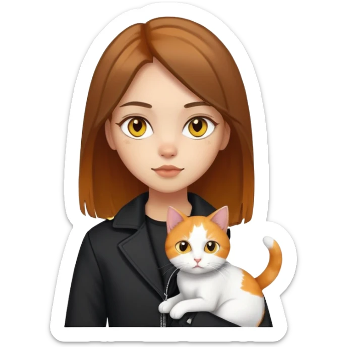Light-skinned girl with brown straight hair wearing a black jacket, holding one pure white cat with yellow eyes and one calico cat with orange and black patches sticker