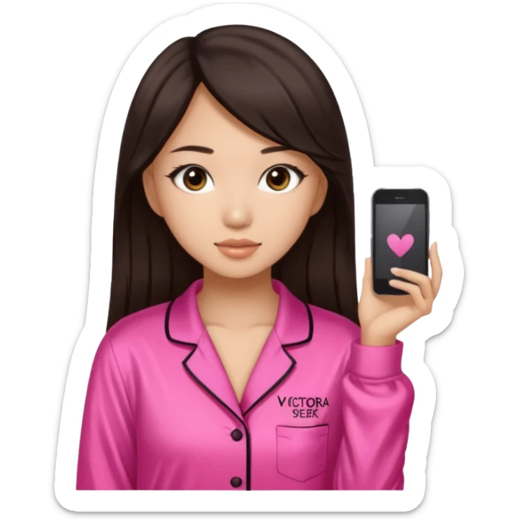 IT Girl, Asian, dark brown hair color, with big brown eyes, wearing Victoria's Secret pajamas sticker