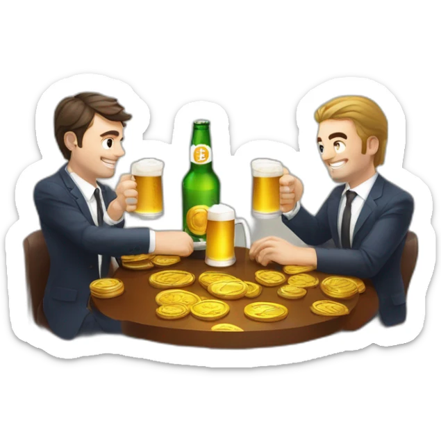 Ceo of coinhouse Nicolas louvet and ceo of cube3 Valentin Demé drinks a beer with bitcoin around him sticker