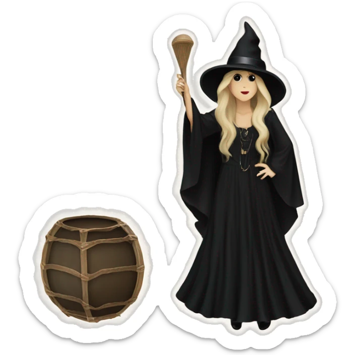 Stevie nicks in a black hat in a witchy dress holding a tambourine. sticker