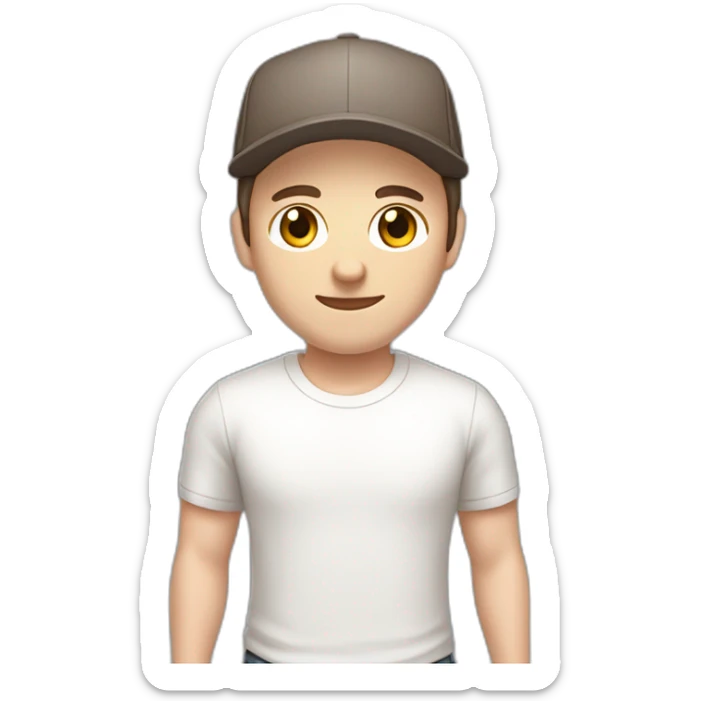 Pale skinned fit Man with dark brown hair in a light gray cap, dark brown jeans, brown polo and white T-shirt keeping a pasted with tape white box into his hands sticker