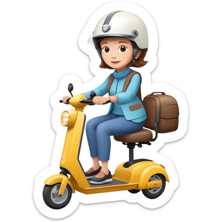 Older lady with brown hair riding a 4 wheel electric scooter wearing a helmet  sticker
