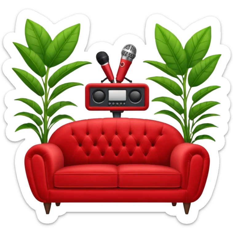 red velvet luxury loveseat with a mic in front and houseplant in back sticker