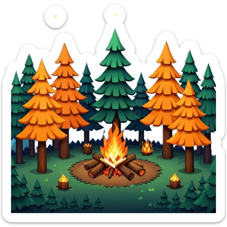 pixelated art of a forest at night, like an 8-bit game, with a campfire in the center. there are tall and short trees. sticker