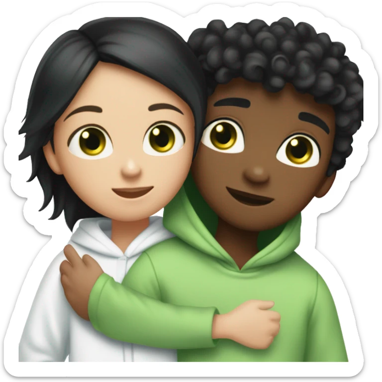 A black haired girl with green eyes who is approximately 5,2 with a black hoodie and pijamas hugging a blue eyed light brunette boy with freckles wearing pijamas and a white hoodie sticker
