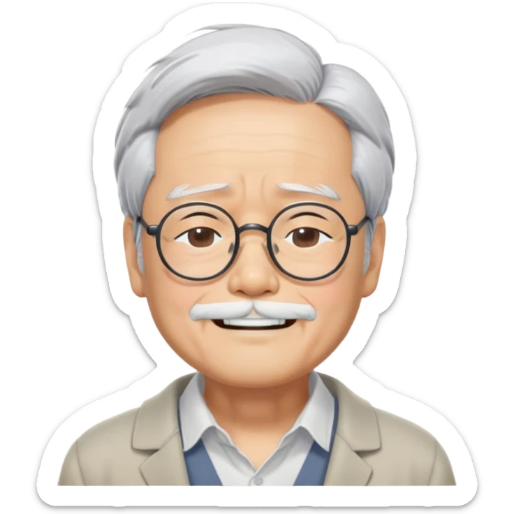 _cinematic-realistic-portrait-of-hayao-miyazaki,-depicted-with--large-rectangular-glasses,-his-happy-expression-rendered-in-lifelike-detail,-illuminated-with-soft,-realistic-lighting-that-emphasizes-his-creative-genius, his eyes shut  closed because of his large smile. eyes are shut sticker