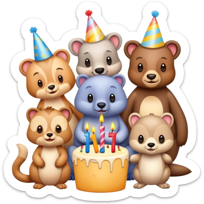 Cute cartoon animals celebrating a birthday with the letters ‘Happy B-Day” sticker