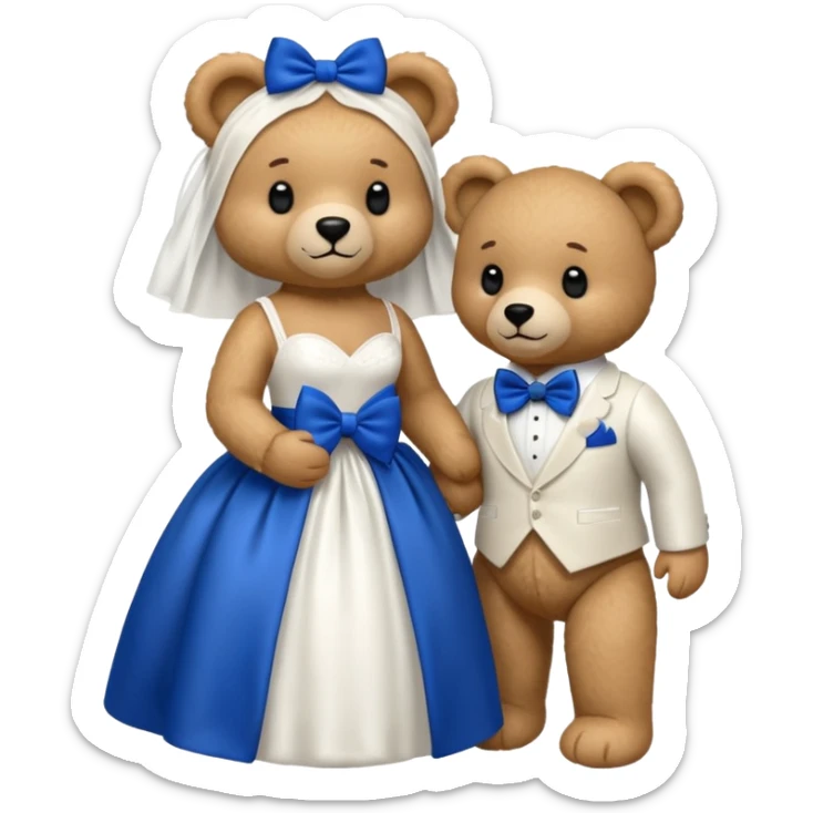 Teddy bear wearing white wedding dress holding the hand to another teddy bear wearing a big royal blue bow tie. The one with the white dress has no bows sticker