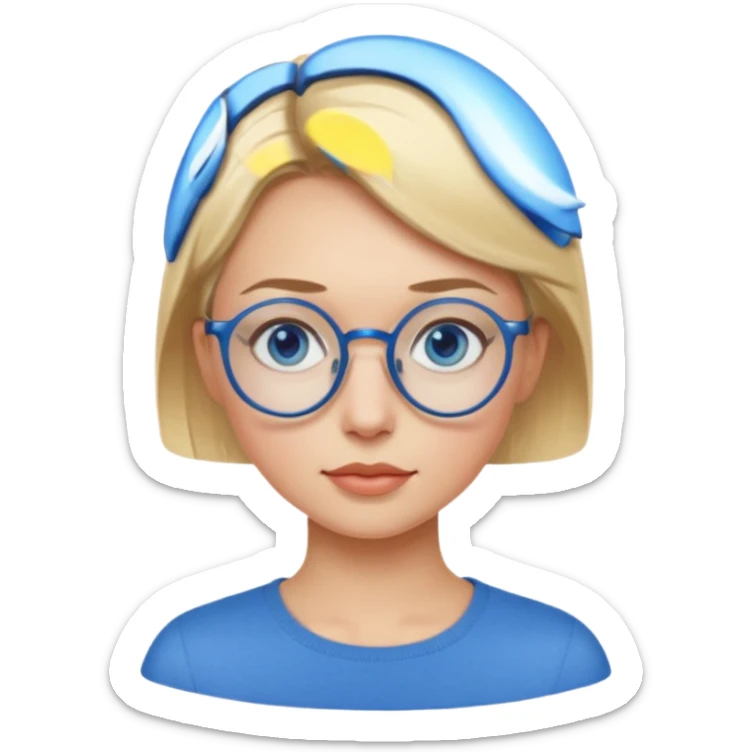 woman with very short side parted blonde haire, blue eyes and blue round glasses sticker