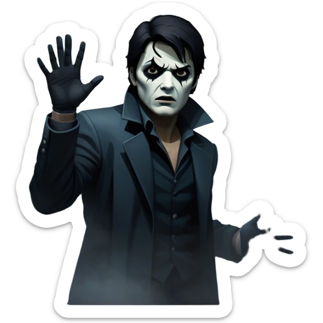 Thriller Movie Icon: A dramatic, intense movie poster-style collage. Dark, moody colors with shadows and high-contrast lighting. Include mysterious elements like an ominous figure, a broken window, and fog. A sense of suspense and tension. Transparent background. sticker