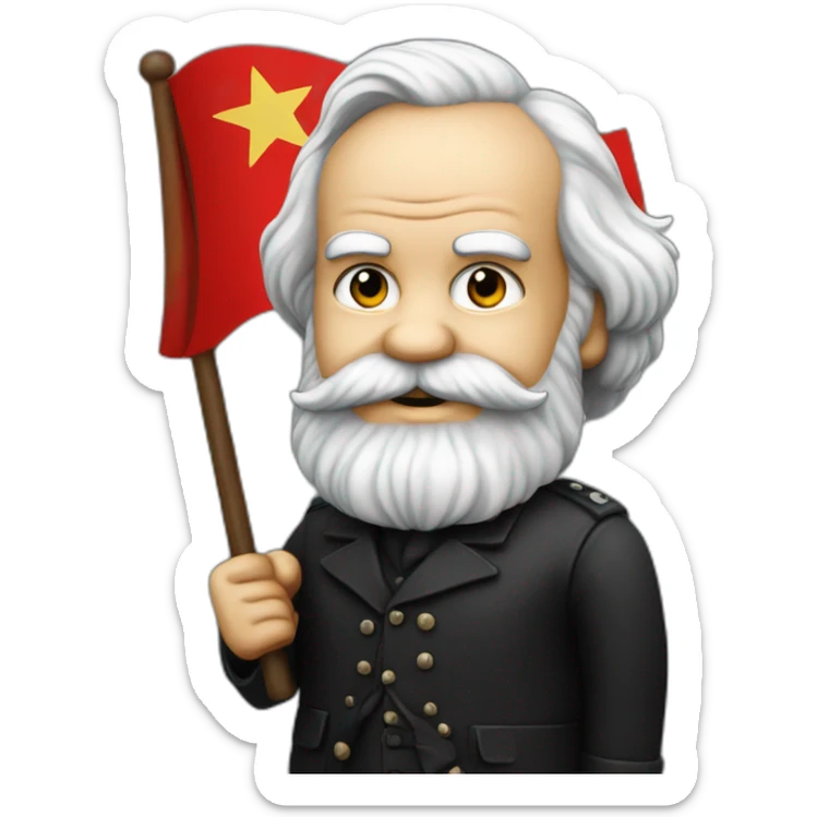 Karl Marx holding a flag in his Hand with a red star and a background of the Flag is black   sticker