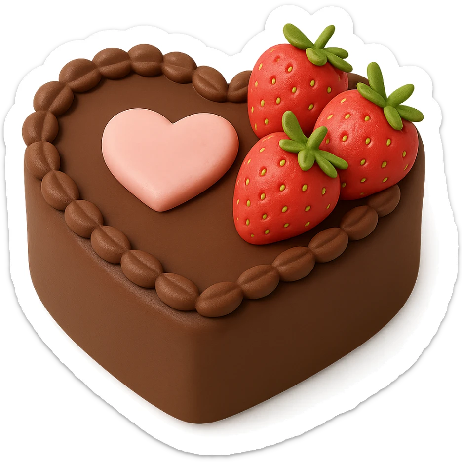 heart-shaped chocolate fondant cake with strawberries, transparent background sticker