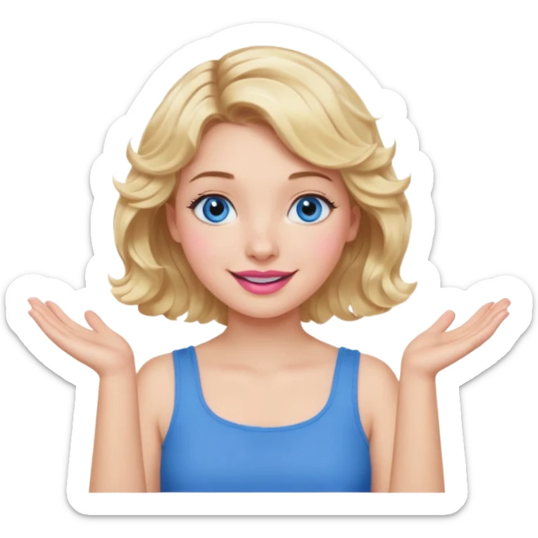 Girl Blonde short wavy hair,  blue eyes, cute blue top, long lashes, pink lips, smiling, shrugging hands raised sticker