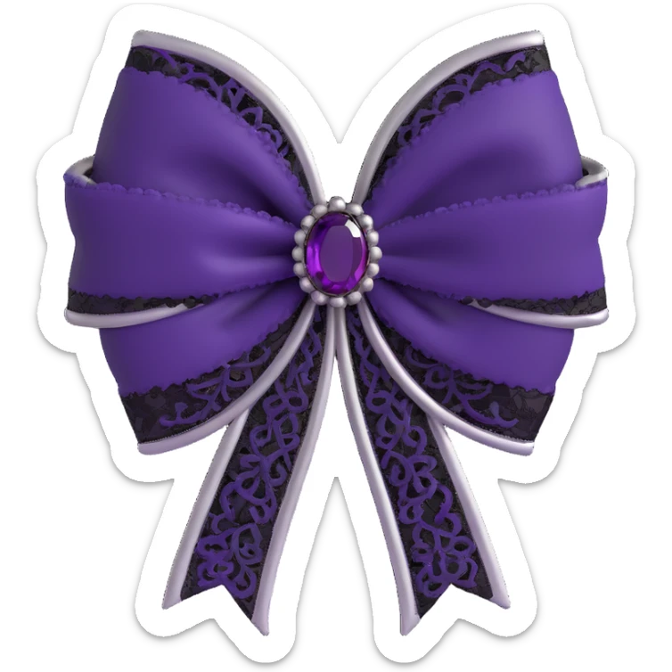 3D emoji gothic bow, deep violet velvet, ornate silver brooch, and black lace trim sticker