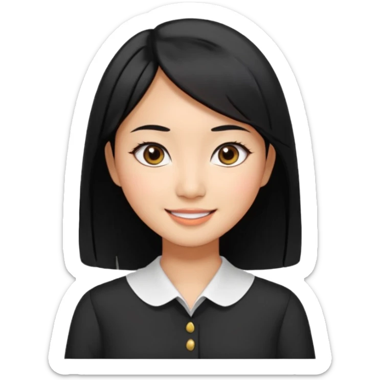 30 yr old asian woman center parted hair big eyes big smile tanned skin straight black hair hippie part hair white blouse shoulder length hair middle parted hair few short bangs at front sticker