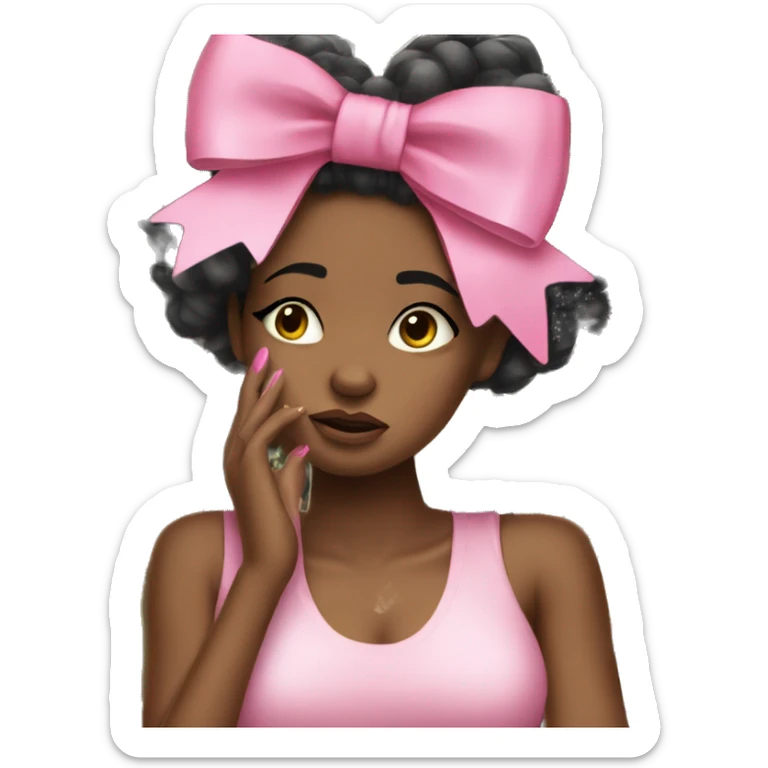 Stylish black girl crying with pink bow on her hair and stack of money on one of her hands sticker