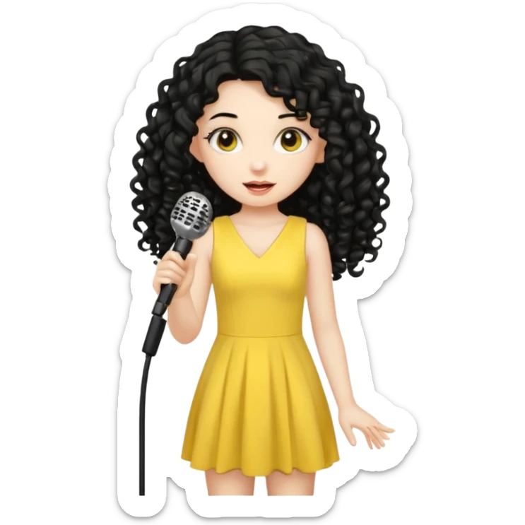 girl in yellow blink dress, logn black curly hair, holding a mic



















 sticker