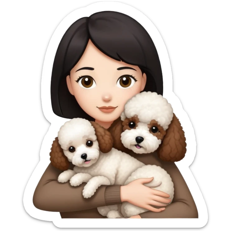 Woman with short black straight hair hugging a brown poodle and a white bichon frise sticker