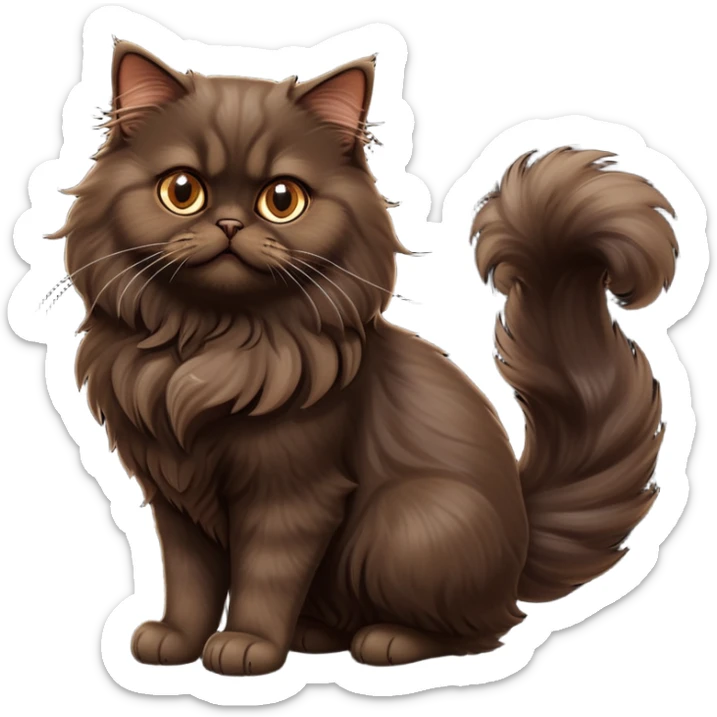 cinematic-[dark brown persian cat]-realistic-full-body-sitting-emoji,-tail-curled-playfully-around-its-paws,-head-tilted-dramatically,-fluffy-[dark brown]-fur,-simplified-yet-realistic-focused-features,-highly-detailed,-glowing-with-an-almost-sarcastic-glow sticker