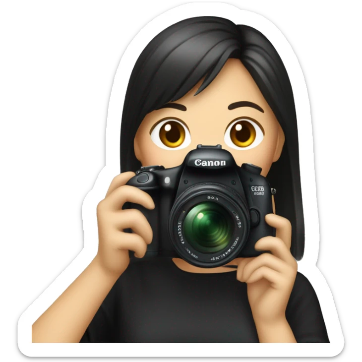 A woman of Asian descent, with bangs and her hair tied back, dressed in black, is taking a photo with a Canon camera. sticker
