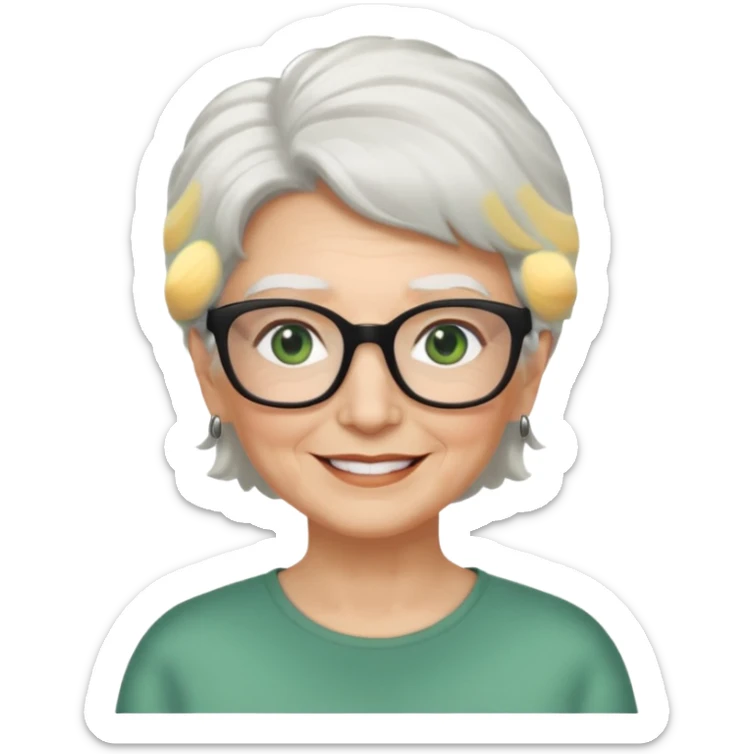 White hair grandma, green eyes, hair to shoulder, lokeg black glasses, rectangles face, smile , sticker