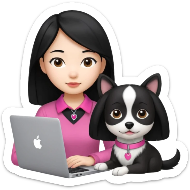 Asian girl with long black hair working on an Apple laptop, next to her is a small black and white dog with pink collar on  sticker