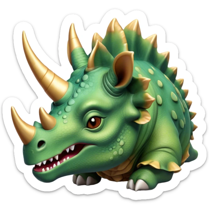 Beautiful and Majestic Triceratops Portrait Emoji, Head and body rendered in serene repose with a gentle, content smile, showcasing a robust, horned form with an intricately frilled head and eyes softly closed in tranquil repose, Simplified yet exquisitely endearing features, highly detailed, glowing with a soft, drowsy prehistoric light, high shine, relaxed and utterly majestic, stylized with an air of ancient splendor, soft glowing outline, capturing the essence of a beautiful and majestic Triceratops that embodies the timeless strength of the ancient world! sticker