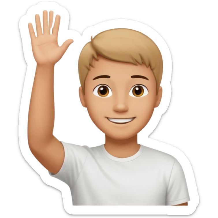 joven trigueño corte de pelo corto polera blanca sonrisa bonita saludando mano arriba sticker