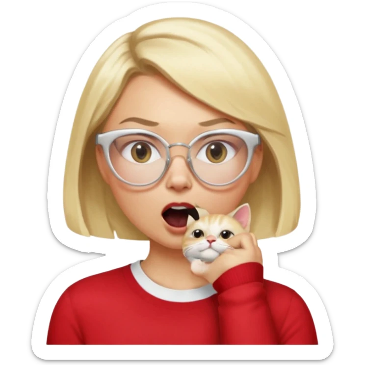 emoji style, side view woman with light skin, blonde bob hair, white cat-eye glasses, red shirt, hand cupped tightly around her mouth, hand close to nose and lips, shouting loudly, energetic expression, simple background sticker