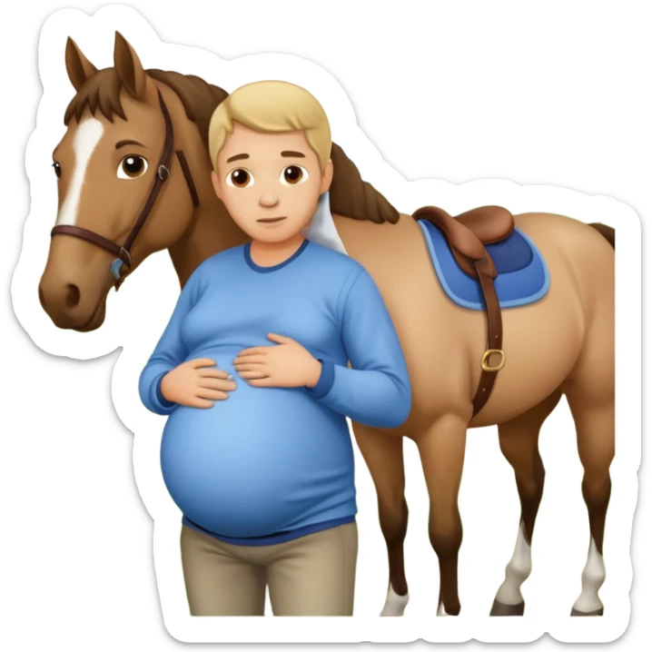 pregnant man in casual wear near horse sticker