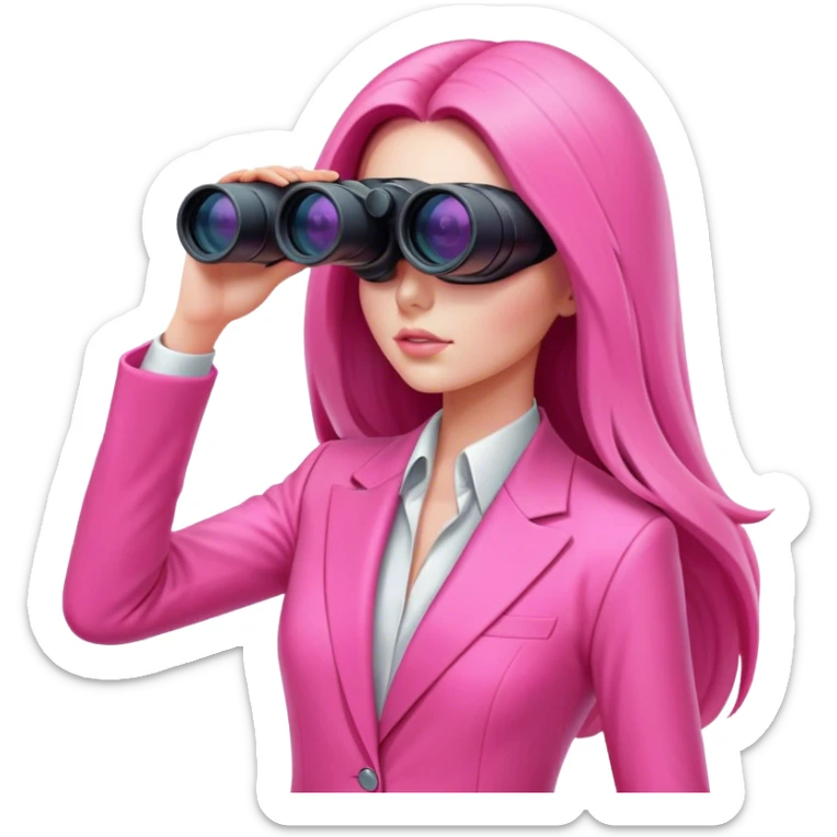 futuristic-looking woman with long hair in an intensive color pink suit looking through binocular, viewed from an angled perspective. sticker