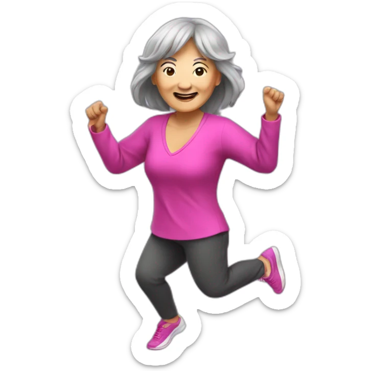 long hair Asian senior woman with bang dancing Zumba sticker