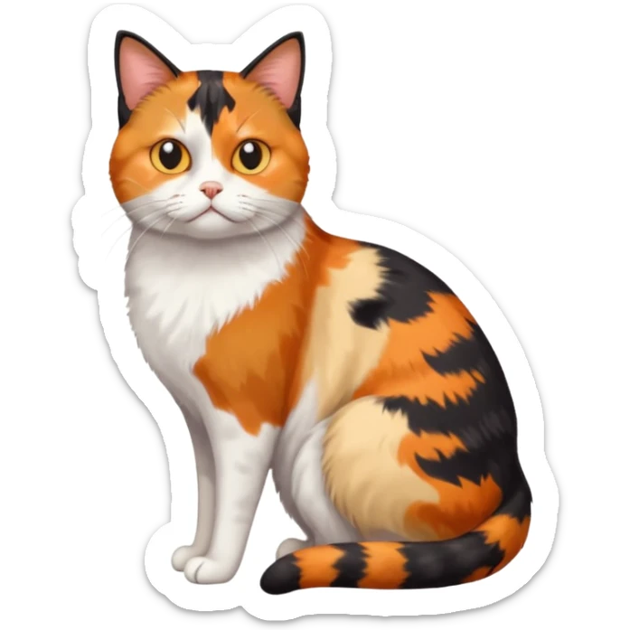 full body colourful calico cat with skinny head and fat body with an anxious face sticker
