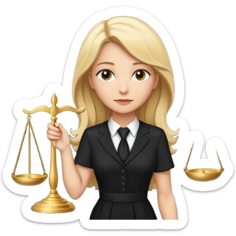 woman lawyer blanche et blonde habillée avec une robe noire longue et une cravate blanche, avec la balance de la justice derrière elle sticker