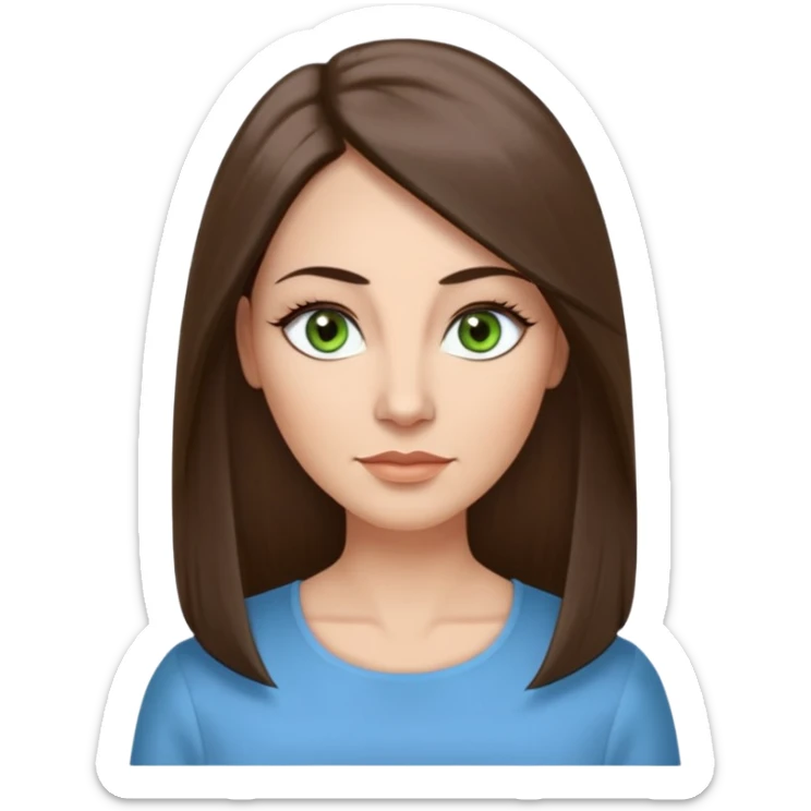 43 year old Adult woman avatar, light skin tone, long, oval face, long straight ashy brown hair, green almond-shaped eyes with dramatic eyelashes and minimal eyeliner, neutral mouth, medium straight eyebrows, small nose, smooth skin, sky blue blouse sticker