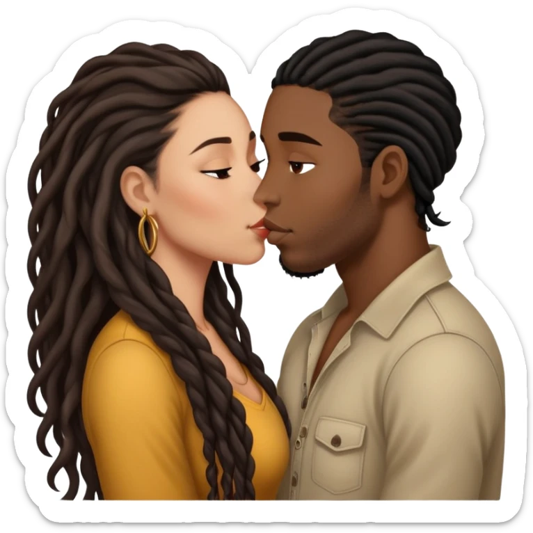 Latina Woman with long hair kissing a young black guy with dreads no beard sticker