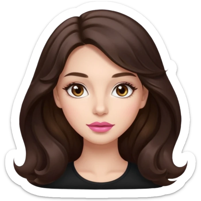 girl with wavy long glamorous dark brown hair, brown eyes, light to medium complexion, long lashes, almond shaped eyes, light pink lipstick, square shaped face sticker