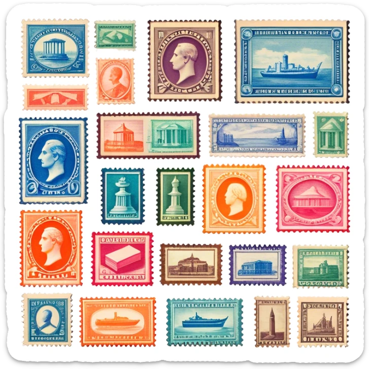 Icon for Stamp Collecting: a collection of vintage and colorful stamps arranged in an album or on a desk, with a large stamp block in the center showcasing different themes. The icon should reflect the charm and history of philately. Transparent background. sticker