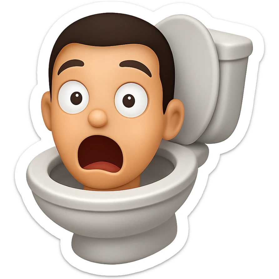 Create an image in the style of apple emojis of a toilet with a cartoonish, exaggerated head emerging from the bowl, looking surprised with wide eyes and open mouth. Use a transparent background. sticker