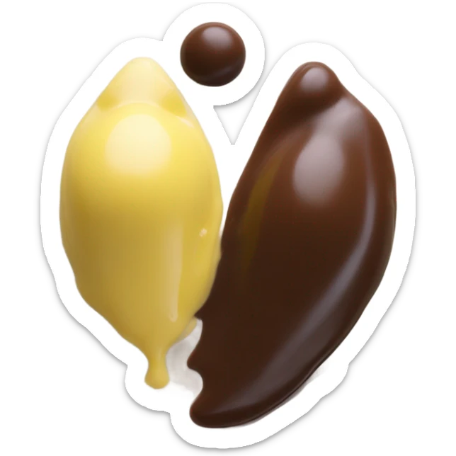 1 Chocolate quenelle and 1 vanilla quenelle on glass plate with 3 small drops of yellow sauce sticker