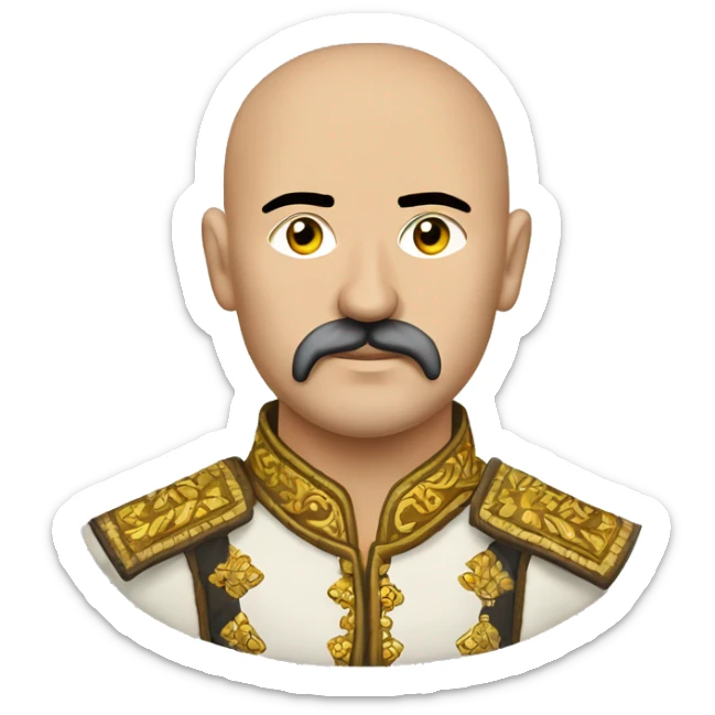 a Cossack warrior, The Cossack has a shaved head and a long strand of hair on one side. He has a thick, curved mustache and wears a gold earring in his left ear. He is wearing a simple Ukrainian embroidered shirt sticker