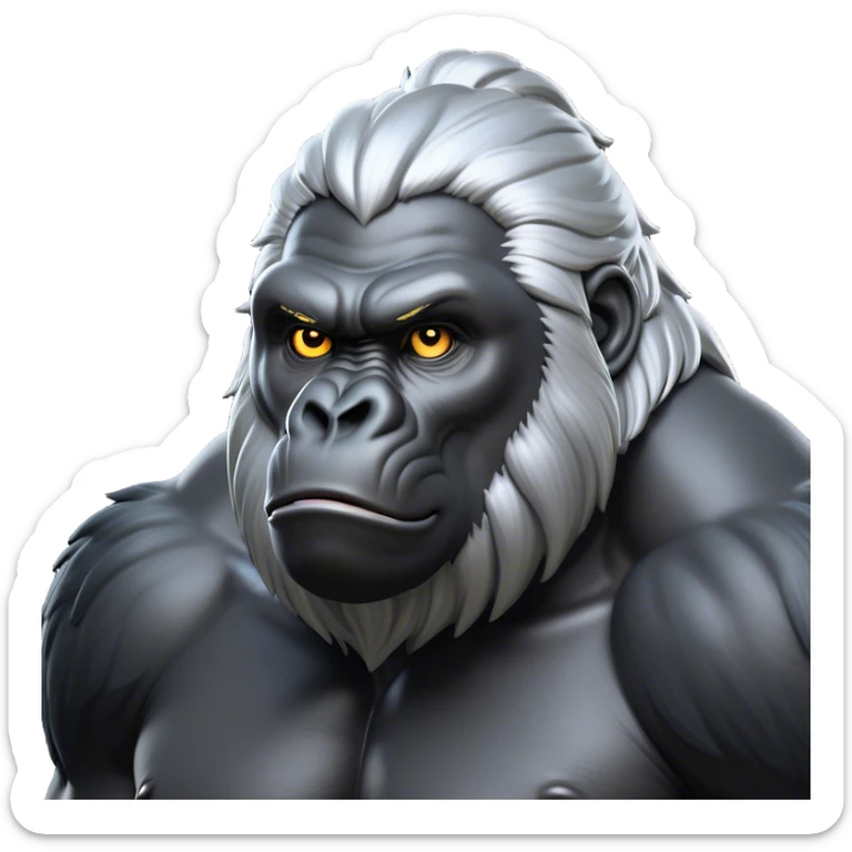 Cinematic Noble Silverback Gorilla Portrait Emoji, Poised and majestic, with a powerful, muscular frame accentuated by a distinguished silver mane and piercing, wise eyes, Simplified yet sharp and sophisticated features, highly detailed, glowing with a soft, regal jungle glow, high shine, intelligent and commanding, stylized with an air of imperial strength, focused and resolute, soft glowing outline, capturing the essence of a watchful guardian that feels as though it could step out of the screen with effortless authority! sticker