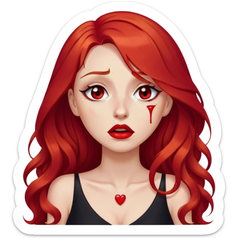 a crying woman with long red hair and red eyes. The woman wear a black little cutted dress. She have red lipstick and she have a seductive look. She cry tears sticker