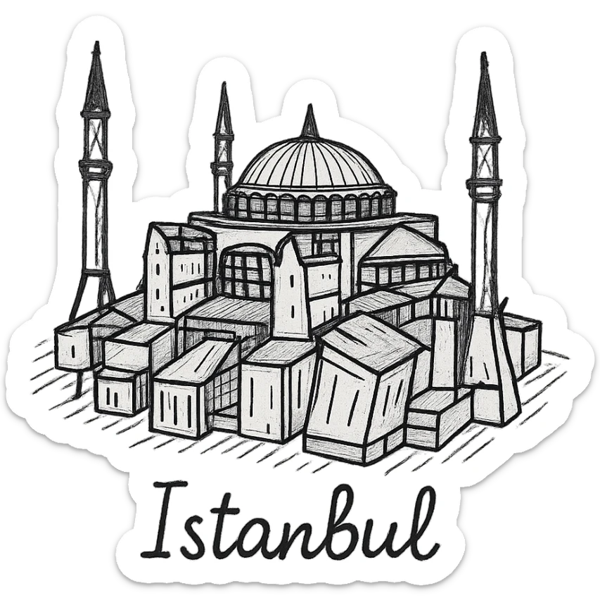 Isometric illustration of Istanbul, featuring real photorealistic Hagia Sophia with ts large central dome and four tall minarets, with real transparent background sticker